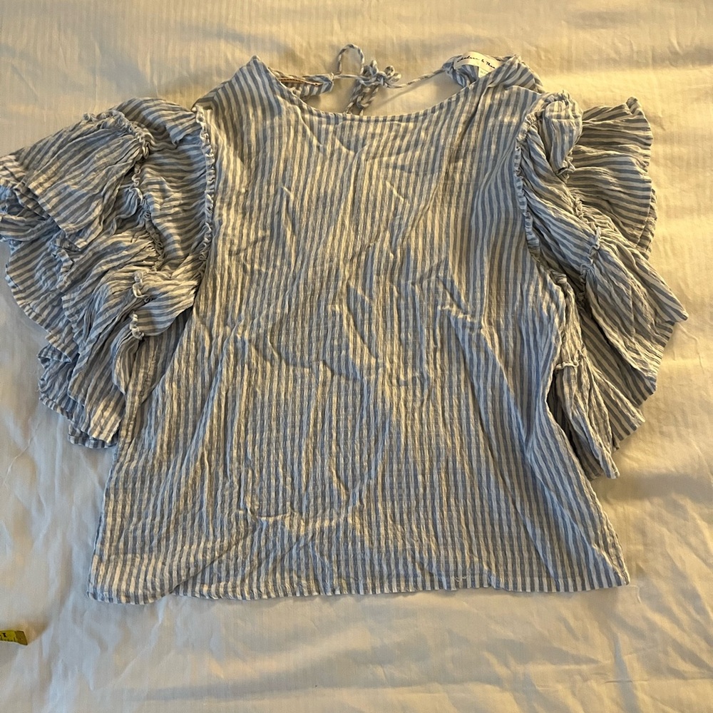 Chelsea & Theodore Blue and White Striped Ruffle Sleeve Top